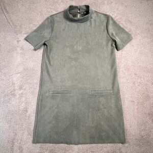 ZARA Dress Womens Small Olive Green Suede Mock Neck Faux Suede Short Sleeve